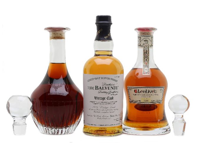 Rare finds: The rare bottlings include a one-off 1973 Balvenie and a 50-year-old Glenlivet Decanters of 1973 Balvenie, 50-year-old Glenlivet